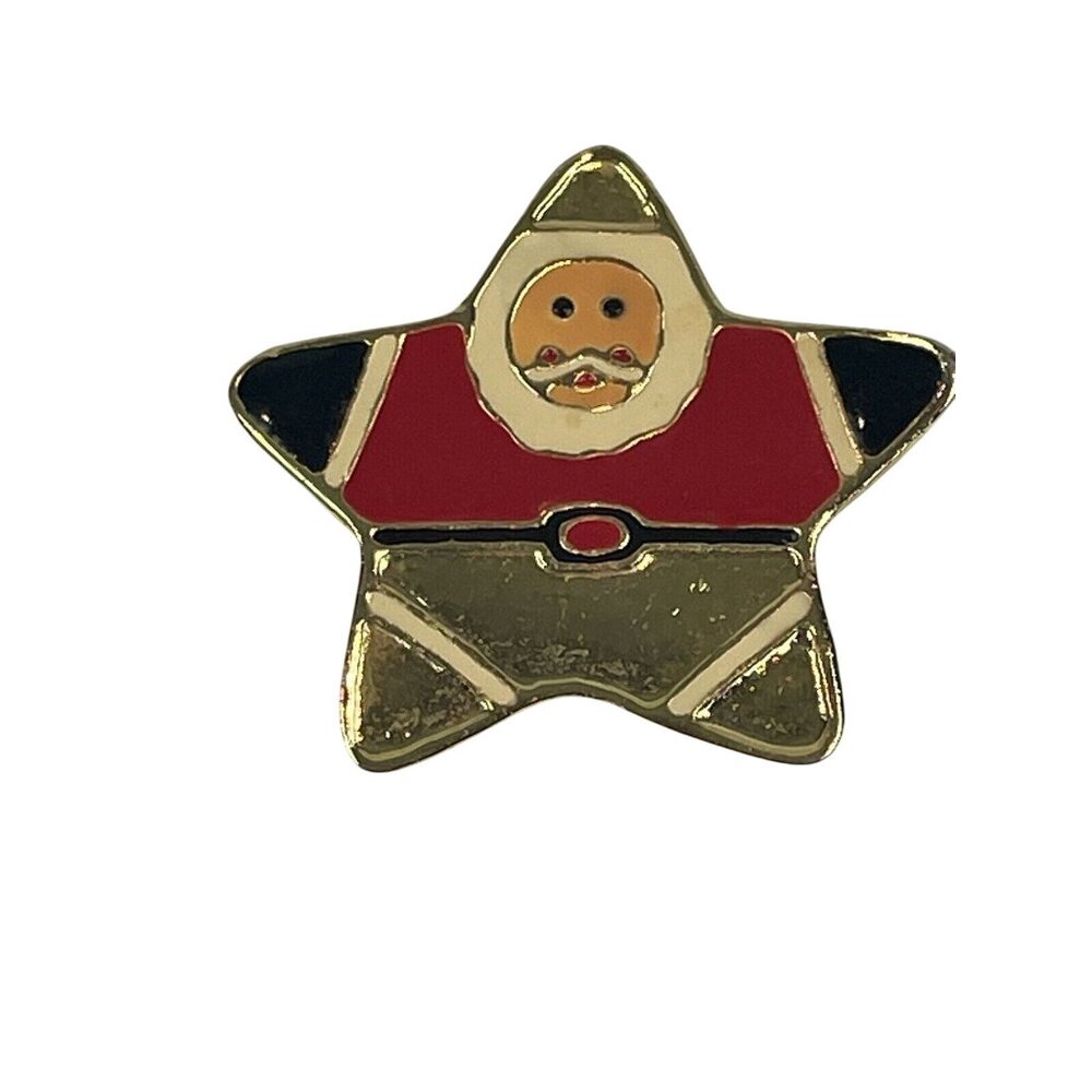 Vintage Santa Star Christmas Holiday Brooch Pin Gold Tone Enamel
